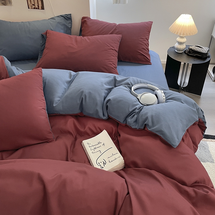 91家纺网 家纺一手货源 找家纺 米粒  2024新款纯色简约双拼磨毛四件套 博肯红+蓝