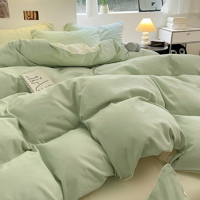 91家纺网 家纺一手货源 找家纺 米粒  2024新款纯色简约双拼磨毛四件套 水绿+奶白