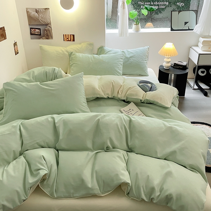 91家纺网 家纺一手货源 找家纺 米粒  2024新款纯色简约双拼磨毛四件套 水绿+奶白