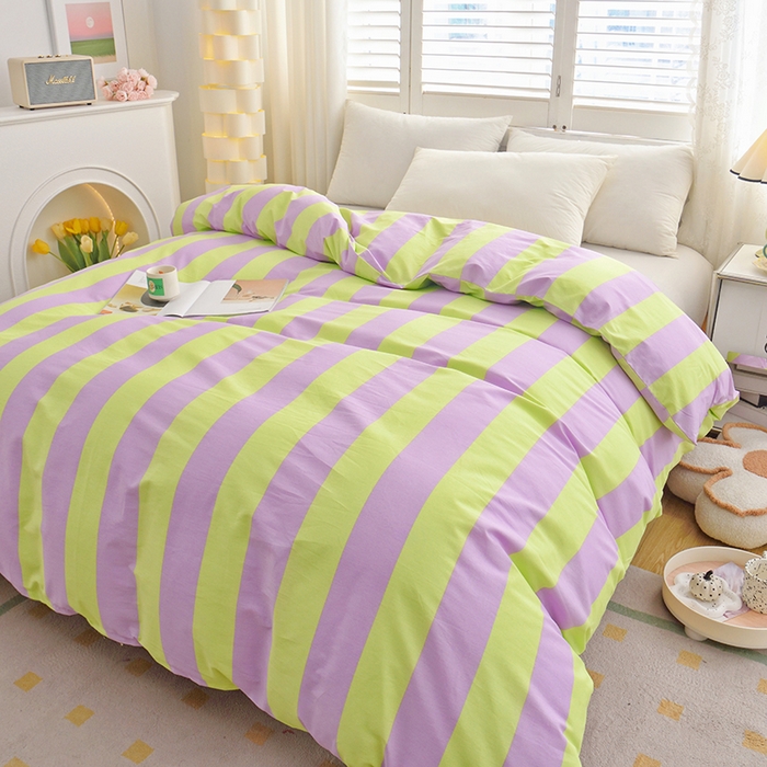 91家纺网 家纺一手货源 找家纺 启优 2024新款1370全棉被套 条纹紫绿