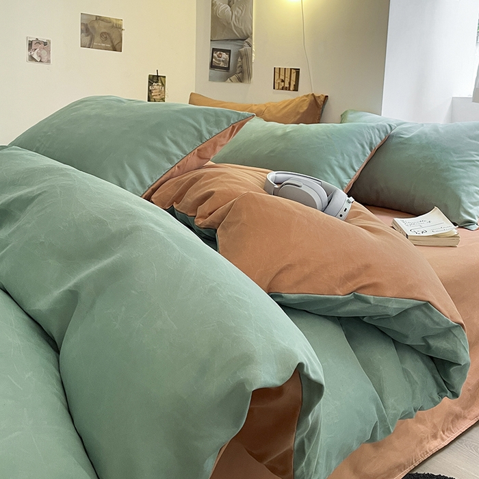 91家纺网 家纺一手货源 找家纺 米粒  2024新款纯色简约双拼磨毛四件套 薄荷+甜曲奇