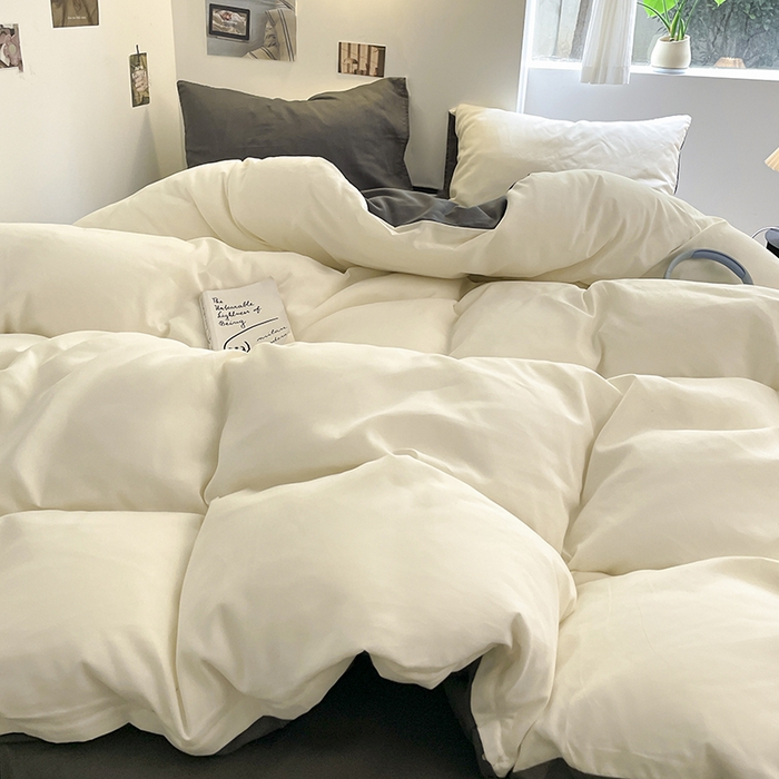 91家纺网 家纺一手货源 找家纺 米粒  2024新款纯色简约双拼磨毛四件套 白+灰