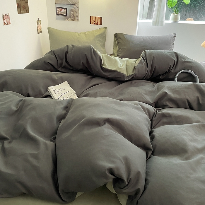 91家纺网 家纺一手货源 找家纺 米粒  2024新款纯色简约双拼磨毛四件套 深灰+抹茶