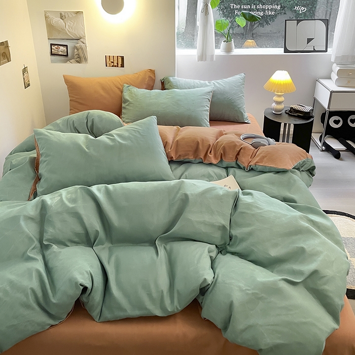 91家纺网 家纺一手货源 找家纺 米粒  2024新款纯色简约双拼磨毛四件套 薄荷+甜曲奇