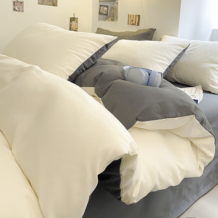 91家纺网 家纺一手货源 找家纺 米粒  2024新款纯色简约双拼磨毛四件套 白+灰