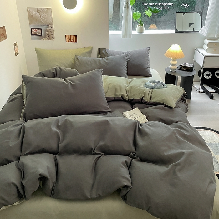 91家纺网 家纺一手货源 找家纺 米粒  2024新款纯色简约双拼磨毛四件套 深灰+抹茶