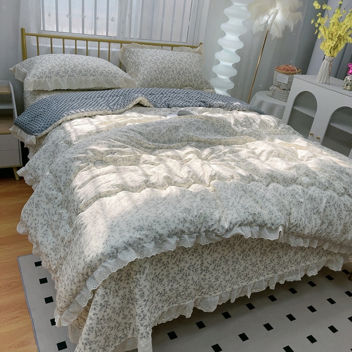 91家纺网 家纺一手货源 找家纺 韩版纯棉豆豆被床盖四件套春秋被加厚冬被同款纯棉被套砂洗棉花床盖三件套四季通用 清风