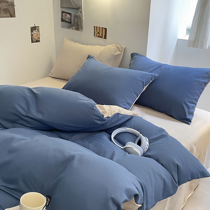 91家纺网 家纺一手货源 找家纺 米粒  2024新款纯色简约双拼磨毛四件套 宝蓝+大麦灰
