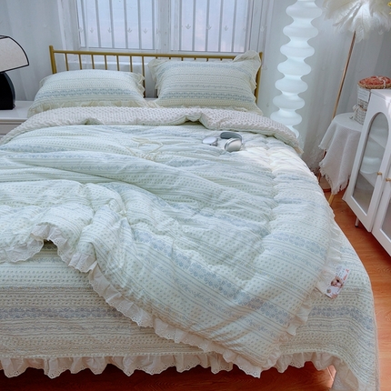 韩版纯棉豆豆被床盖四件套春秋被加厚冬被同款纯棉被套砂洗棉花床盖三件套四季通用 蓝颜