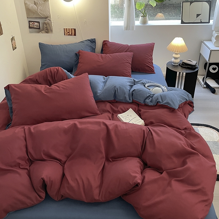 91家纺网 家纺一手货源 找家纺 米粒  2024新款纯色简约双拼磨毛四件套 博肯红+蓝