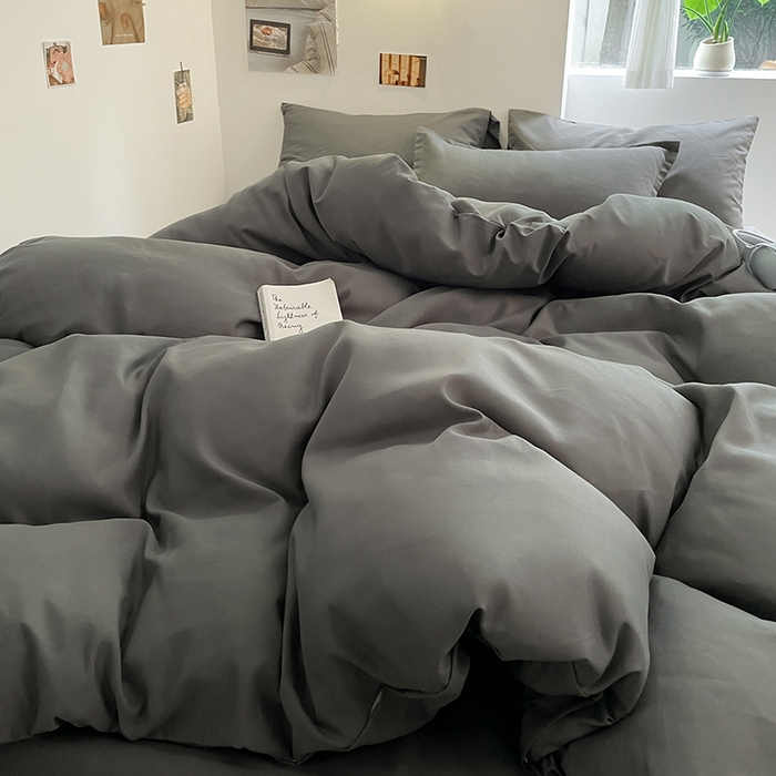 91家纺网 家纺一手货源 找家纺 米粒  2024新款纯色简约双拼磨毛四件套 高级灰