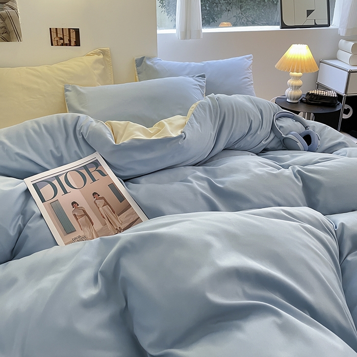 91家纺网 家纺一手货源 找家纺 米粒  2024新款纯色简约双拼磨毛四件套 蓝+奶黄