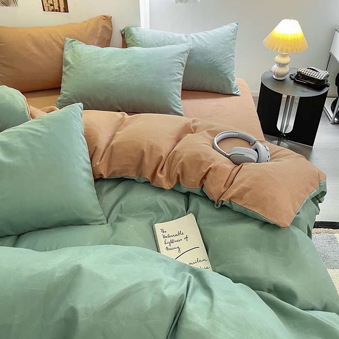 91家纺网 家纺一手货源 找家纺 米粒  2024新款纯色简约双拼磨毛四件套 薄荷+甜曲奇