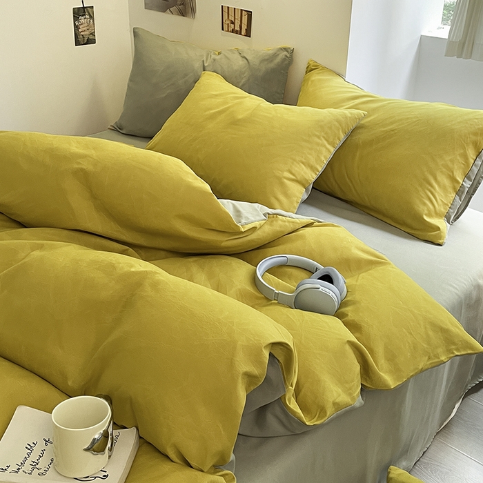 91家纺网 家纺一手货源 找家纺 米粒  2024新款纯色简约双拼磨毛四件套 姜黄+抹茶