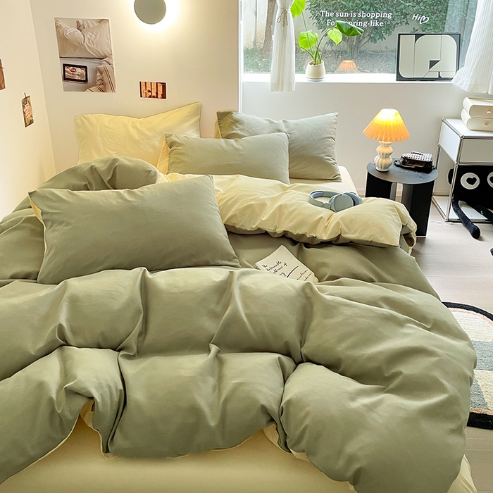 91家纺网 家纺一手货源 找家纺 米粒  2024新款纯色简约双拼磨毛四件套 抹茶+奶黄