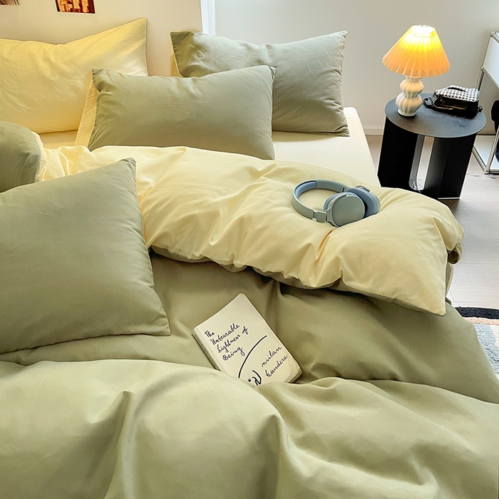 91家纺网 家纺一手货源 找家纺 米粒  2024新款纯色简约双拼磨毛四件套 抹茶+奶黄