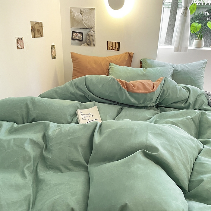 91家纺网 家纺一手货源 找家纺 米粒  2024新款纯色简约双拼磨毛四件套 薄荷+甜曲奇