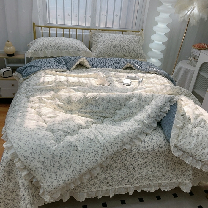 91家纺网 家纺一手货源 找家纺 韩版纯棉豆豆被床盖四件套春秋被加厚冬被同款纯棉被套砂洗棉花床盖三件套四季通用 清风