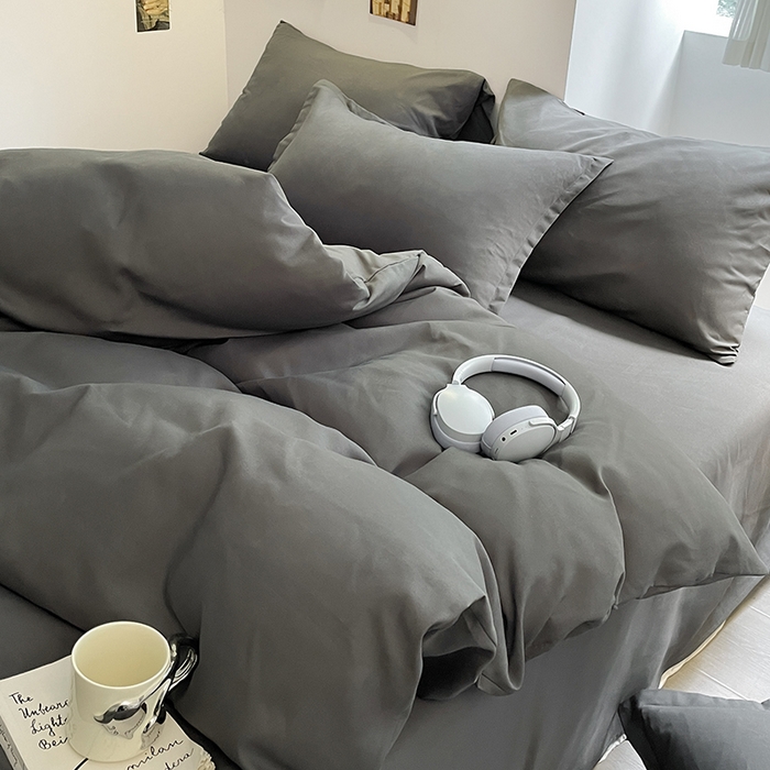 91家纺网 家纺一手货源 找家纺 米粒  2024新款纯色简约双拼磨毛四件套 高级灰