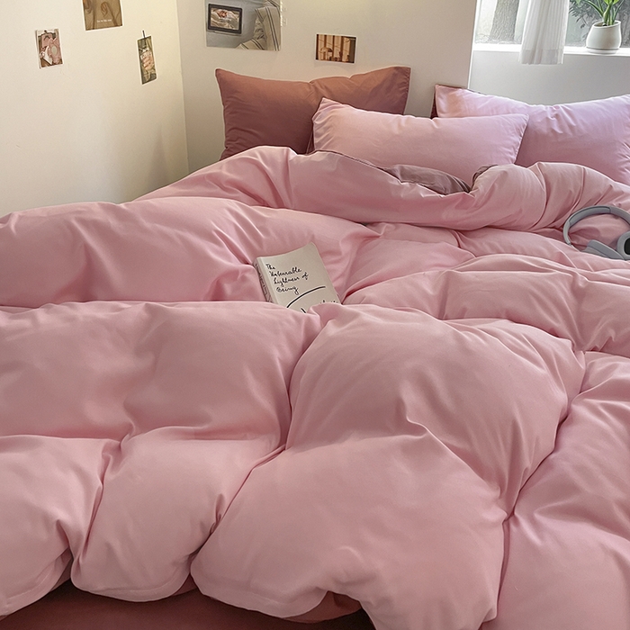 91家纺网 家纺一手货源 找家纺 米粒  2024新款纯色简约双拼磨毛四件套 粉+豆沙