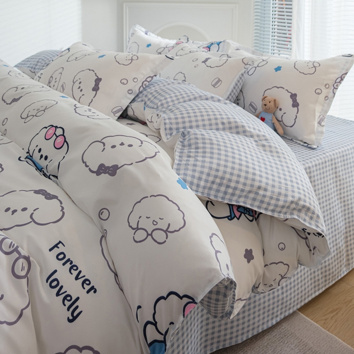 91家纺网 家纺一手货源 找家纺 布可家纺 2025新款水洗棉印花四件套 蓝格冰淇淋狗