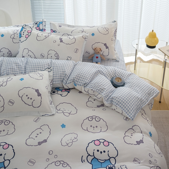 91家纺网 家纺一手货源 找家纺 布可家纺 2025新款水洗棉印花四件套 蓝格冰淇淋狗