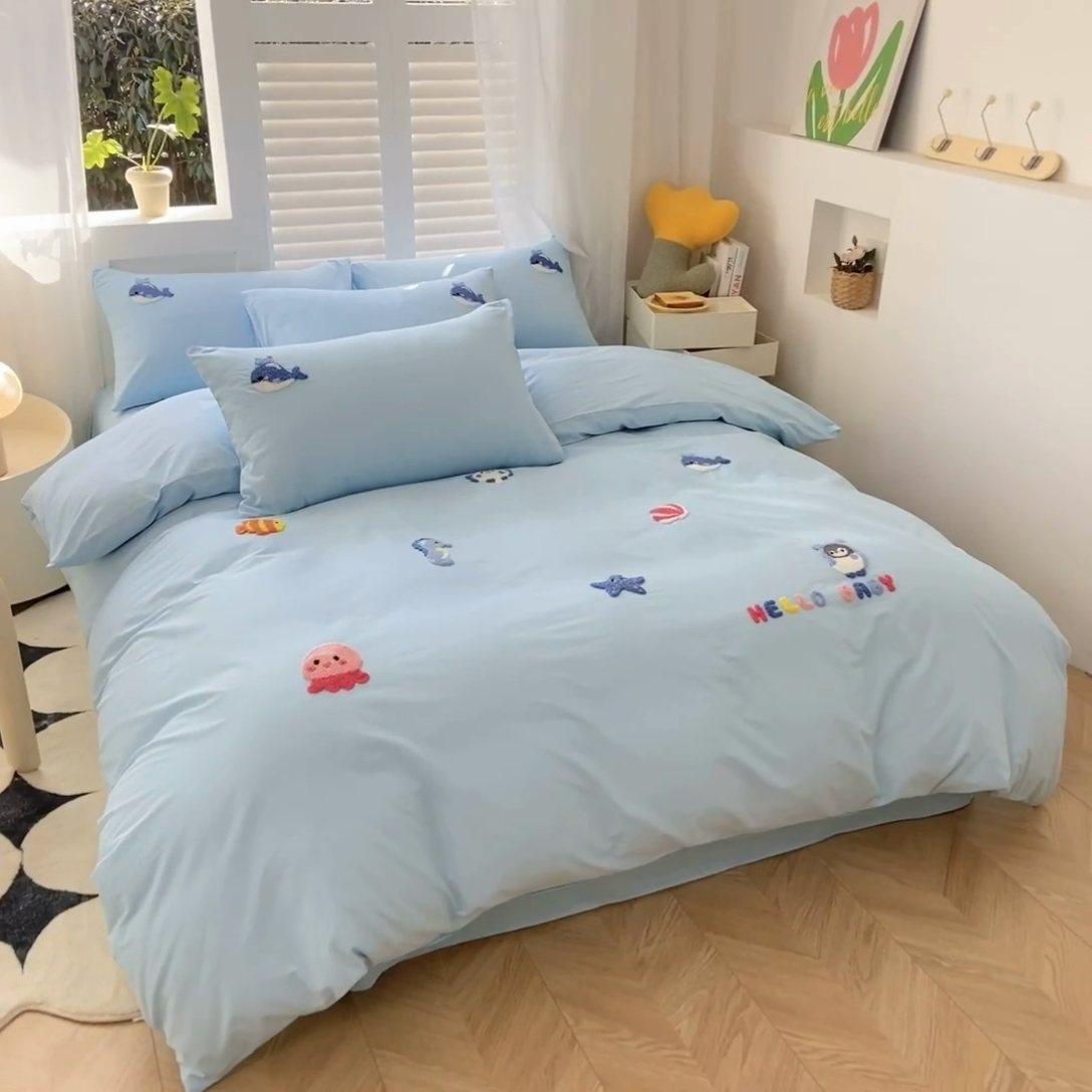 91家纺网 家纺一手货源 找家纺 （总）美梦莱 2024新款小清新全棉ins风毛巾绣四件套（支持一件代发）