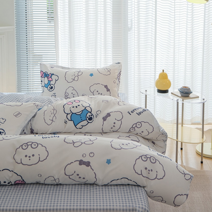 91家纺网 家纺一手货源 找家纺 布可家纺 2025新款水洗棉印花四件套 蓝格冰淇淋狗