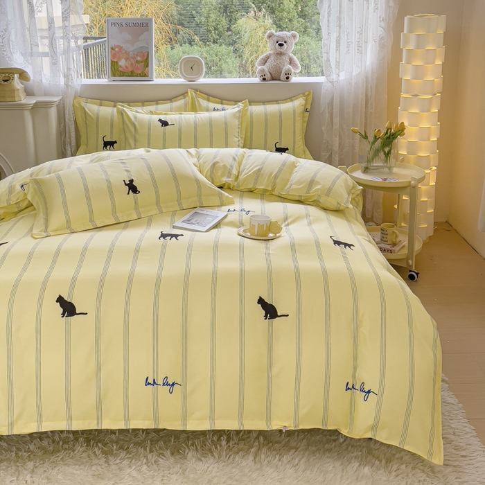 91家纺网 家纺一手货源 找家纺 布可家纺 2025新款水洗棉印花四件套 小夜猫