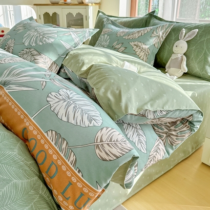 正莱欣 2025新品加厚生态棉磨毛四件套高克重植物羊绒床单款床笠款四件套大量现货 简叶-绿