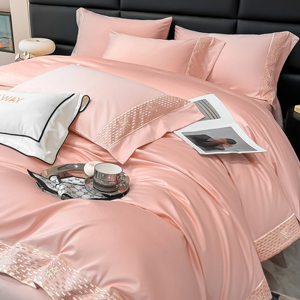 91家纺网 家纺一手货源 找家纺 夏季100支贡缎长绒棉四件套全棉纯棉轻奢风纯色简约刺绣床单被套床上用品 罗纳威-中古橙
