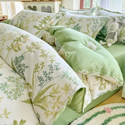 91家纺网 家纺一手货源 找家纺 正莱欣 2025新品加厚生态棉磨毛四件套高克重植物羊绒床单款床笠款四件套大量现货 悠悠花草
