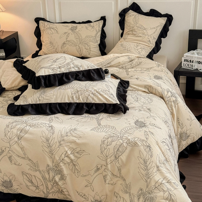 91家纺网 家纺一手货源 找家纺 宅家居 2024秋冬爆款轻法式小香风灯芯绒提花立体韩版花边牛奶绒四件套 语叶