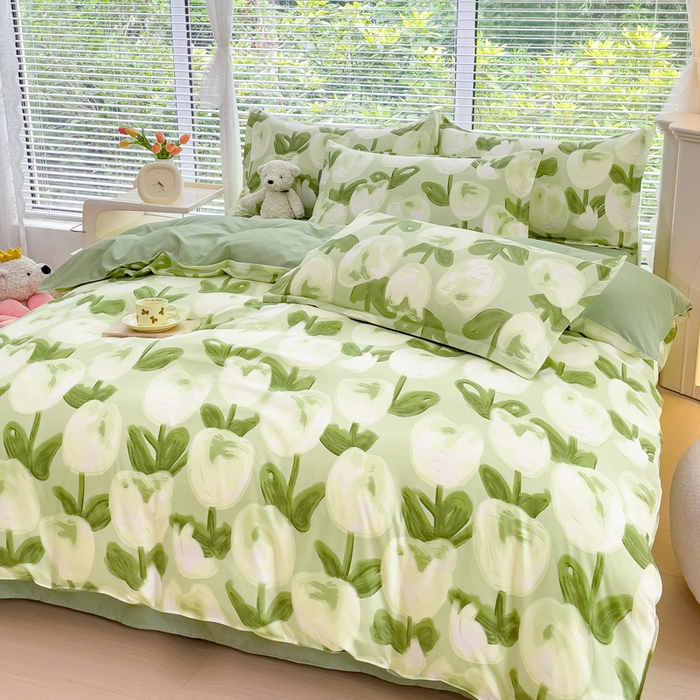 91家纺网 家纺一手货源 找家纺 布可家纺 2025新款水洗棉印花四件套 梨花绿