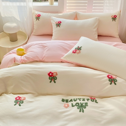 91家纺网 家纺一手货源 找家纺 （总）美梦莱 2024新款小清新全棉ins风毛巾绣四件套（支持一件代发）