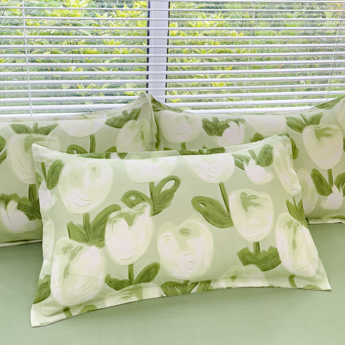 91家纺网 家纺一手货源 找家纺 布可家纺 2025新款水洗棉印花四件套 梨花绿