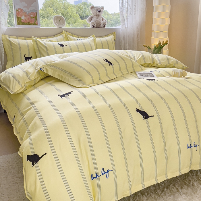 91家纺网 家纺一手货源 找家纺 布可家纺 2025新款水洗棉印花四件套 小夜猫