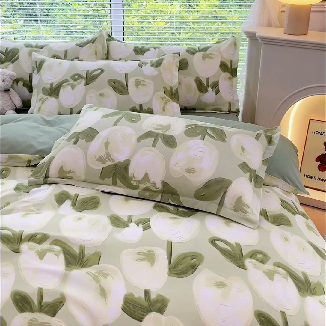 91家纺网 家纺一手货源 找家纺 布可家纺 2025新款水洗棉印花四件套 梨花绿