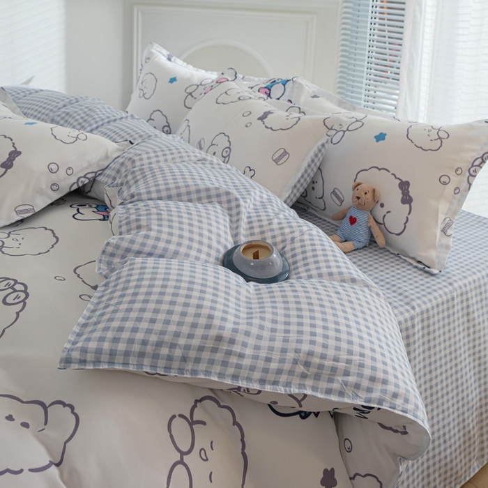 91家纺网 家纺一手货源 找家纺 布可家纺 2025新款水洗棉印花四件套 蓝格冰淇淋狗