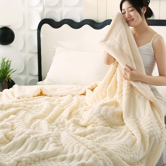 91家纺网 家纺一手货源 找家纺 巴木赫 2024新款舒棉绒点点塔芙绒双层配色羊羔绒沙发盖毯 米白配色