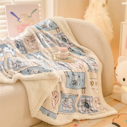 眷恋家纺 2024新款高克重牛奶绒印花羊羔绒毛毯毯子 奶油小狗