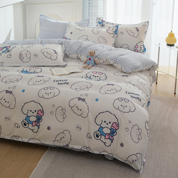 91家纺网 家纺一手货源 找家纺 布可家纺 2025新款水洗棉印花四件套 蓝格冰淇淋狗