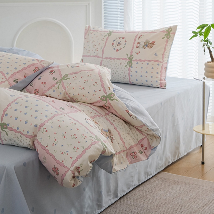 91家纺网 家纺一手货源 找家纺 布可家纺 2025新款水洗棉印花四件套 粉格子兔