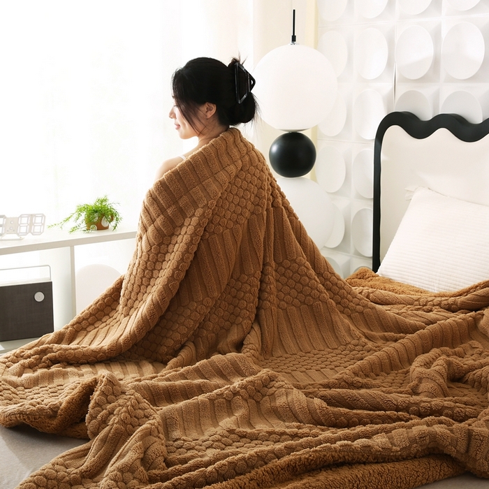 91家纺网 家纺一手货源 找家纺 （总）巴木赫 2024新款舒棉绒点点塔芙绒双层配色羊羔绒沙发盖毯