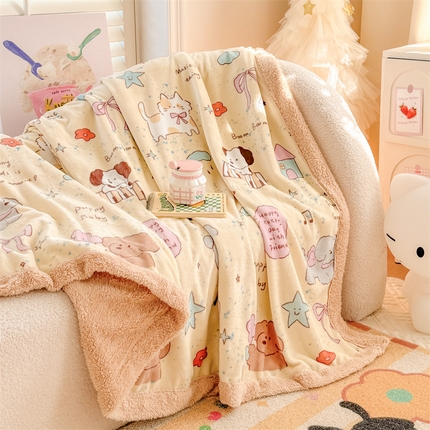 眷恋家纺 2024新款高克重牛奶绒印花羊羔绒毛毯毯子 动物家园
