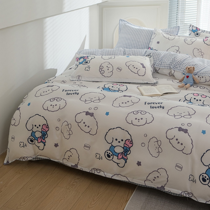 91家纺网 家纺一手货源 找家纺 布可家纺 2025新款水洗棉印花四件套 蓝格冰淇淋狗