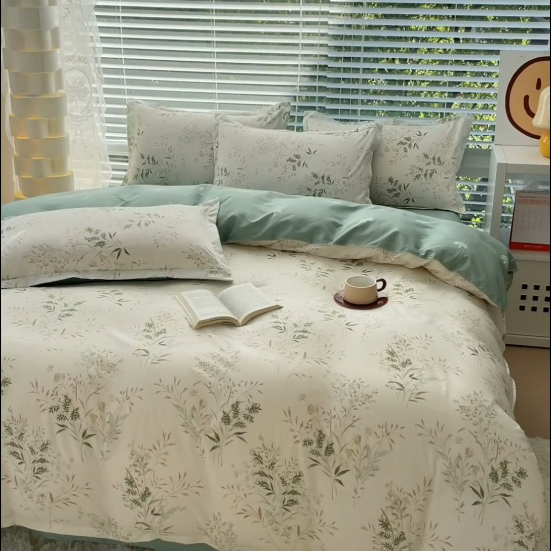 91家纺网 家纺一手货源 找家纺 布可家纺 2025新款水洗棉印花四件套 仙草