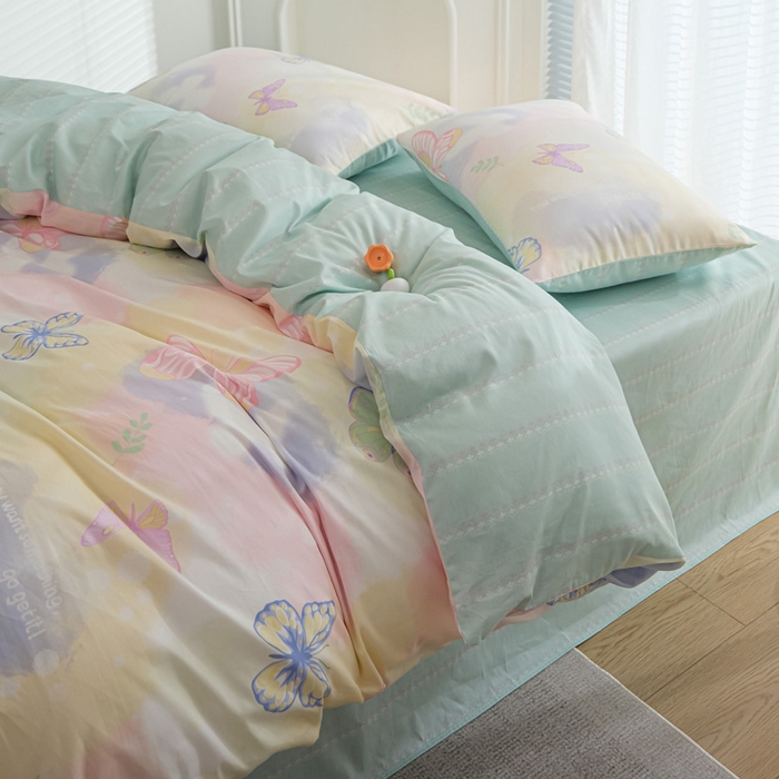 91家纺网 家纺一手货源 找家纺 布可家纺 2025新款水洗棉印花四件套 晕染梦幻蝴蝶