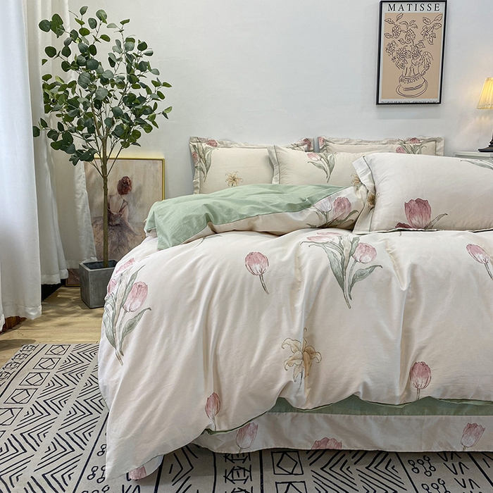 91家纺网 家纺一手货源 找家纺 橙艺家居 2024新款铂金柔棉全棉印花四件套 花茶仙