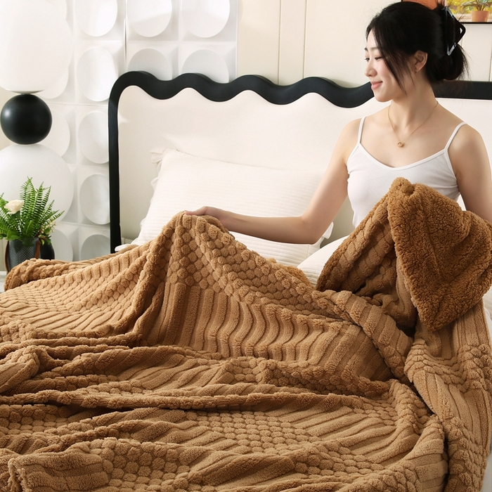 91家纺网 家纺一手货源 找家纺 （总）巴木赫 2024新款舒棉绒点点塔芙绒双层配色羊羔绒沙发盖毯